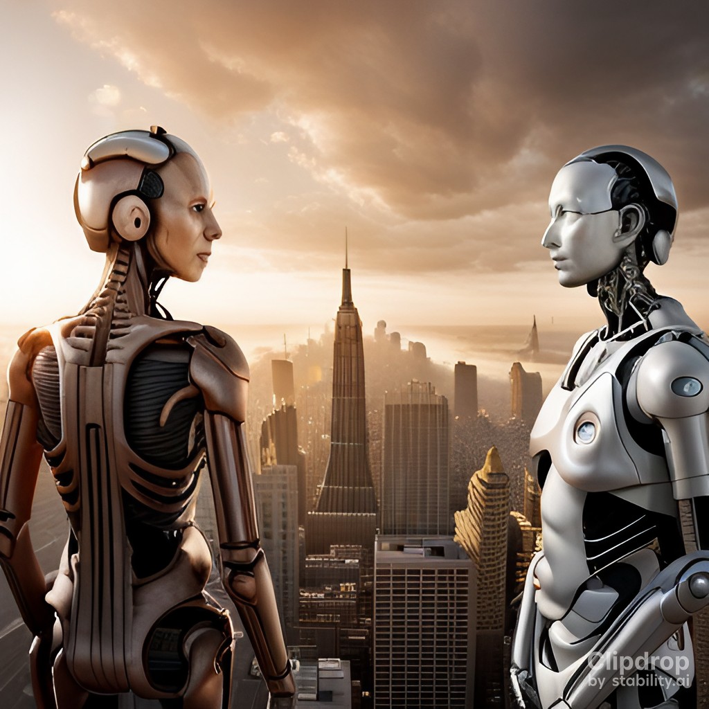 This image shows two robots looking toward a distant city.